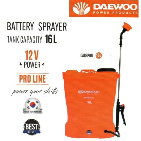 Daewoo DABSP16L 16L (16 literes) elektromos, akkumulátoros, 12V 8Ah akkus háti permetező, permetezőgép 4 szórófejjel