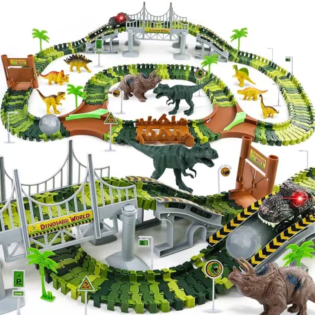 PlayFellow Crate Road Dino Track 216 elemű Dinoszaurusz / Dinopark autópálya készlet 8 dínóval és 1 db elemes, világító autóval