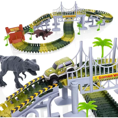 PlayFellow Crate Road Dino Track 216 elemű Dinoszaurusz / Dinopark autópálya készlet 8 dínóval és 1 db elemes, világító autóval