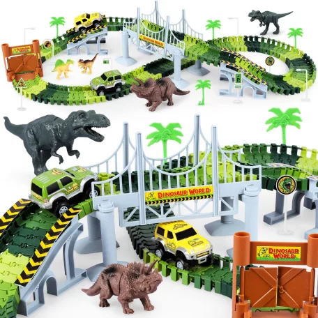 PlayFellow Crate Road Dino Track 216 elemű Dinoszaurusz / Dinopark autópálya készlet 8 dínóval és 1 db elemes, világító autóval