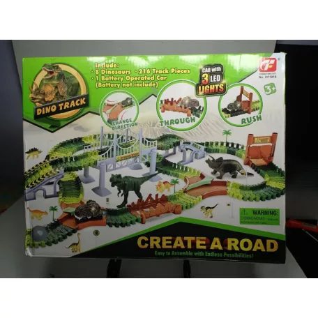 PlayFellow Crate Road Dino Track 216 elemű Dinoszaurusz / Dinopark autópálya készlet 8 dínóval és 1 db elemes, világító autóval