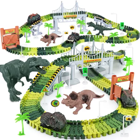 PlayFellow Crate Road Dino Track 216 elemű Dinoszaurusz / Dinopark autópálya készlet 8 dínóval és 1 db elemes, világító autóval