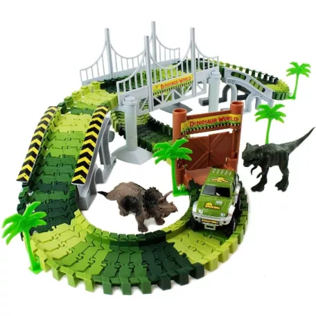 PlayFellow Crate Road Dino Track 216 elemű Dinoszaurusz / Dinopark autópálya készlet 8 dínóval és 1 db elemes, világító autóval