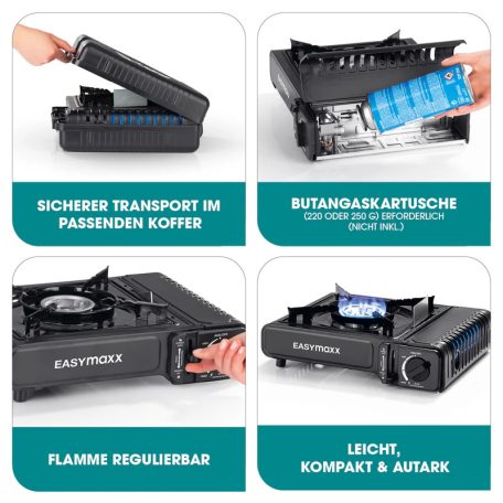 EasyMaxx 12126 gáz kempingfőző, mini gázpalackos mobil főzőeszköz, palackos kemping gázfőző, gázrezsó, gázzsámoly kofferben