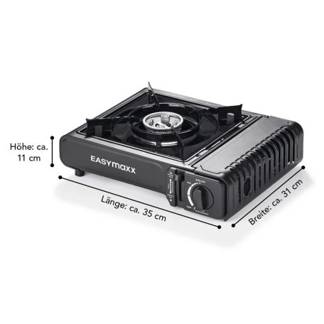 EasyMaxx 12126 gáz kempingfőző, mini gázpalackos mobil főzőeszköz, palackos kemping gázfőző, gázrezsó, gázzsámoly kofferben