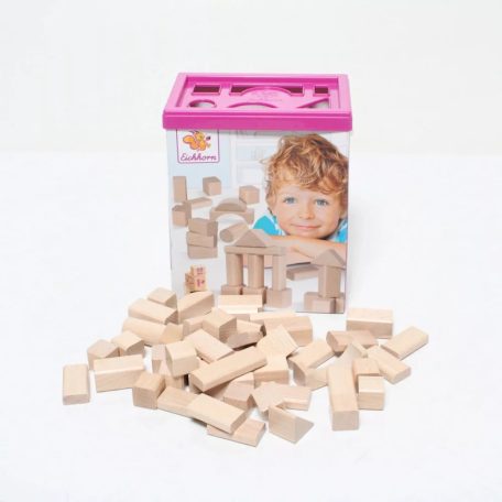 Eichhorn 50 darabos natúr fa építőkocka készlet, festetlen oktató fakocka csomag praktikus tároló és formaberakó vödörben (100050141)