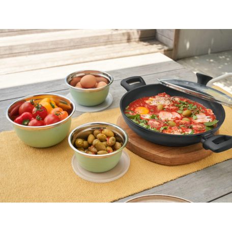 Ernesto 3 darabos Salátatál / gümölcstál készlet 14 / 16 / 18 cm nemesacél, inox tál / edény készlet műanyag fedővel 0.65L / 1L / 1.35L