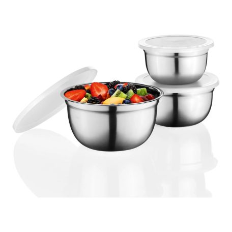Ernesto 3 darabos Salátatál / gümölcstál készlet 14 / 16 / 18 cm nemesacél, inox tál / edény készlet műanyag fedővel 0.65L / 1L / 1.35L