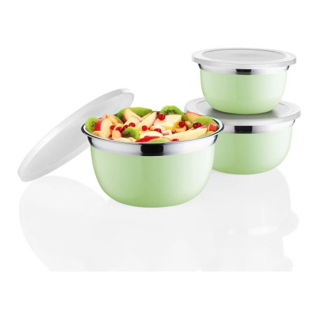 Ernesto 3 darabos Salátatál / gümölcstál készlet 14 / 16 / 18 cm nemesacél, inox tál / edény készlet műanyag fedővel 0.65L / 1L / 1.35L