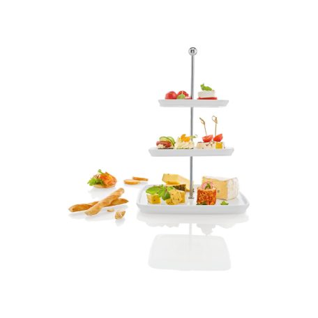 ERNESTO 3 szintes, szögletes tálaló állvány, 35 cm magas, 3 tálcás, dekoratív porcelán tálaló, kínáló tál készlet, süteménytálca