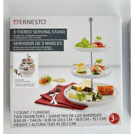 ERNESTO 3 szintes, kerek tálaló állvány, 35 cm magas, 3 tálcás, dekoratív porcelán tálaló, kínáló tál készlet, süteménytálca