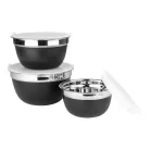 Ernesto 3 darabos 14 / 16 / 18 cm nemesacél, inox saláta tál / edény készlet műanyag fedővel 0.55L / 0.85L / 1.3L