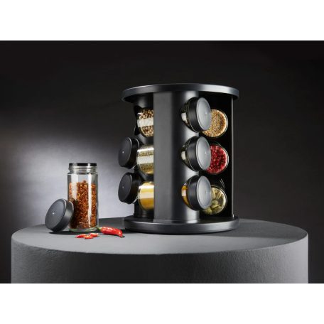 Ernesto 10 részes forgó, 360°-ban elforgatható, elegáns design fűszertartó készlet 9 db 85 ml-es, szórófejes fűszer tároló üveggel, tartóval