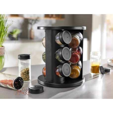 Ernesto 10 részes forgó, 360°-ban elforgatható, elegáns design fűszertartó készlet 9 db 85 ml-es, szórófejes fűszer tároló üveggel, tartóval