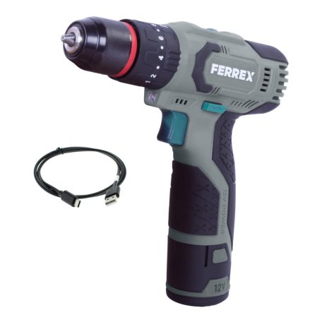 FERREX FBT-CID004 12V 2Ah cserélhető li-ion akkus 28Nm akkumulátoros fúró, ütvefúró, csavarbehajtó, fúrógép akkuval, USB-C töltőkábellel (Compact Power család)