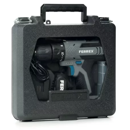 FERREX FB-12-IN 12V 2500 mAh Li-ion akkus, akkumulátoros fúró, csavarbehajtó, fúrógép akkuval, töltővel, fúrószár és bitfej készlettel, kofferben