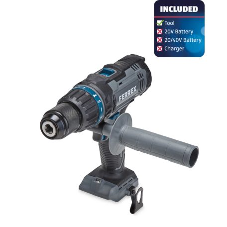 FERREX ASBS-20 SOLO 50 Nm 20V akkus, akkumulátoros, kétsebességes ütvefúró, fúró, csavarbehajtó akku és töltő nélkül, 15 részes fúrószár és bitfej készlettel