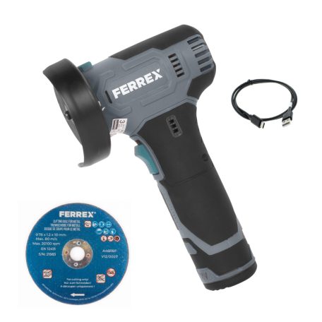 FERREX FBT-CAG006 Compact Power 12V 2Ah 76mm akkus, cserélhető akkumulátoros sarokcsiszoló, mini flex, kézi kisflex akkuval, koronggal és USB töltőkábellel
