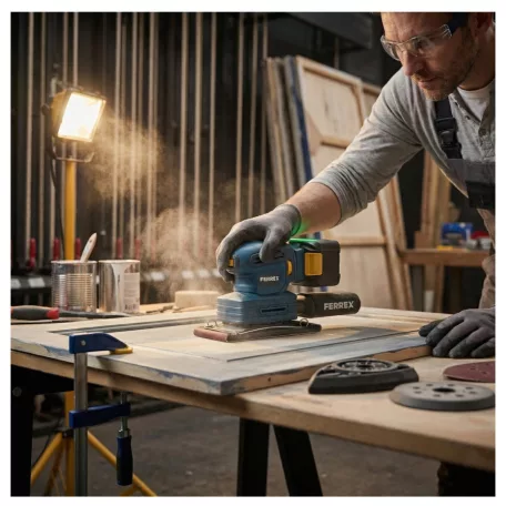 FERREX FBT-CDS006 SOLO 20V 3 az 1-ben akkumulátoros multifunkciós csiszológép, akkus rezgő multi csiszoló, excenter csiszoló 3 cserélhető lemezzel, akku és töltő nélkül