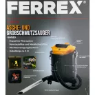 FERREX GAS20 fekete - sárga 1300W 20L hamuporszívó, 20 literes kandalló porszívó fúvás funkcióval, fém szűrővel