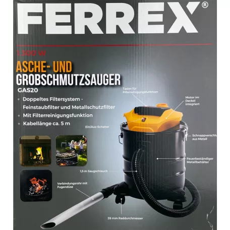 FERREX GAS20 fekete - sárga 1300W 20L hamuporszívó, 20 literes kandalló porszívó fúvás funkcióval, fém szűrővel