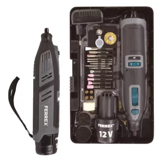   FERREX FBT-CRT004 mini 12V 1300 mAh Li-ion akkus panelfúró, 76 részes multicsiszoló készlet, hálózati adapterrel, cserélhető akkuval