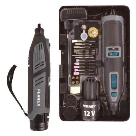 FERREX FBT-CRT004 mini 12V 1300 mAh Li-ion akkus panelfúró, 76 részes multicsiszoló készlet, hálózati adapterrel, cserélhető akkuval