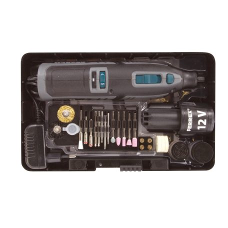 FERREX FBT-CRT004 mini 12V 1300 mAh Li-ion akkus panelfúró, 76 részes multicsiszoló készlet, hálózati adapterrel, cserélhető akkuval