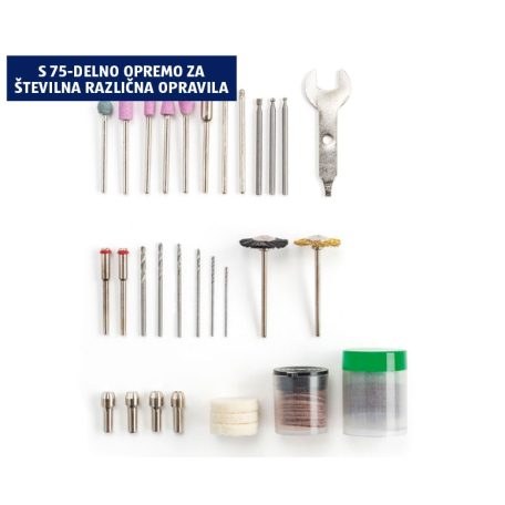 FERREX FBT-CRT004 mini 12V 1300 mAh Li-ion akkus panelfúró, 76 részes multicsiszoló készlet, hálózati adapterrel, cserélhető akkuval