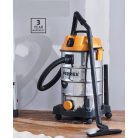 FERREX TVC-125 nemesacél 35L (35 literes) 1200W inox nemesacél száraz-nedves porzsák nélküli porszívó, hálózati aljzattal szerszámgépekhez