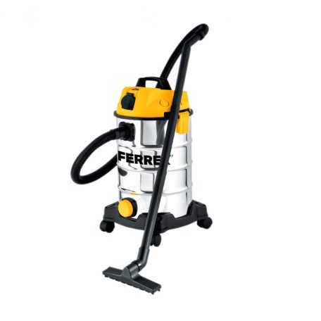 FERREX TVC-125 nemesacél 35L (35 literes) 1200W inox nemesacél száraz-nedves porzsák nélküli porszívó, hálózati aljzattal szerszámgépekhez