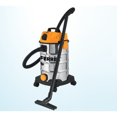 FERREX TVC-125 nemesacél 35L (35 literes) 1200W inox nemesacél száraz-nedves porzsák nélküli porszívó, hálózati aljzattal szerszámgépekhez