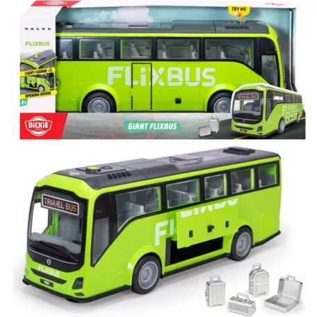 Dickie Toys Giant FLIXBUS Volvo 9700 élethű 1:16 méretarányú (54 cm) játék műanyag autóbusz nyitható ajtókkal és csomagtartóval, poggyászokkal, levehető tetővel, fény és hanghatásokkal