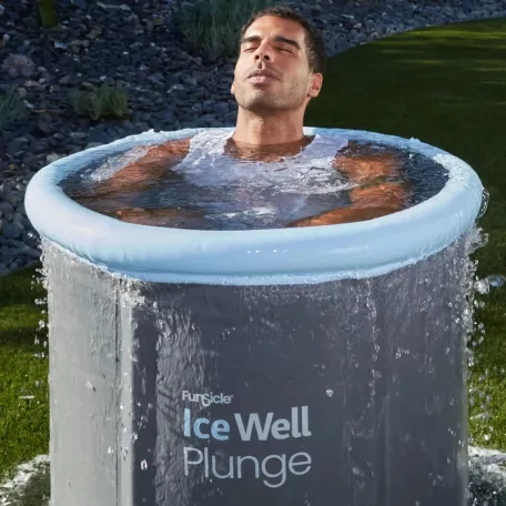 Funsicle Ice Well Cold Plunge 76 x 76 cm 303L szürke, felfújható peremű, fémvázas jégkád, hordozható jéghordó, jégfürdő medence hőmérővel, dupla fedéllel és pumpával