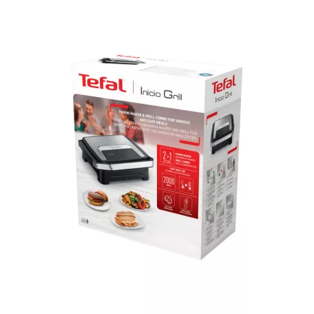 Tefal Inicio GC271D10 inox nemesacél kontaktgrill, 2000W panini - kontakt grill, grillsütő, 29 x 26 cm tapadásmentes sütőlapokkal