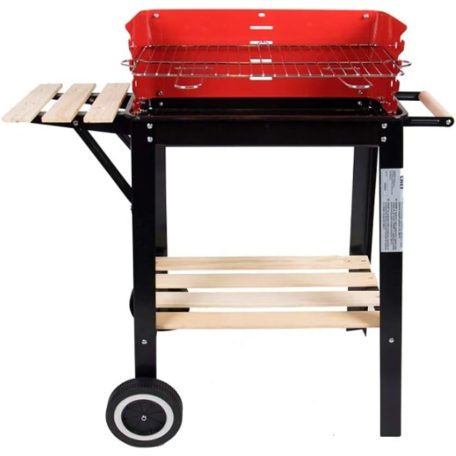 Landmann | Grill Chef 0566 Barbecue faszenes party grillkocsi, piros-fekete 84 x 40 x 87 cm 6 személyes kerti grillsütő fa polcokkal