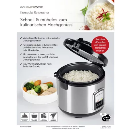 GourmetMaxx KLX10 inox 400W 2.2L elektromos luxus rizsfőző és pároló 1 liter töltőkapacitással, nemesacél, automata risotto készítő, melegentartás funkcióval (14655)