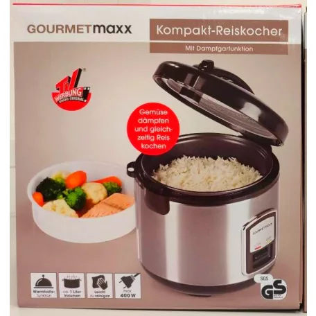 GourmetMaxx KLX10 inox 400W 2.2L elektromos luxus rizsfőző és pároló 1 liter töltőkapacitással, nemesacél, automata risotto készítő, melegentartás funkcióval (14655)