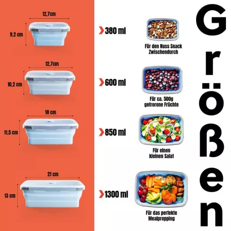 GOURMETMaxx 15096 Food Container Box 4 darabos (8 részes) összecsukható, hőálló szilikon élelmiszer tároló, frissentartó doboz szett fedővel 380 / 600 / 850 / 1300 ml