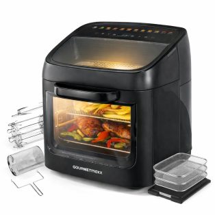   Gourmetmaxx 16409 AirFryer 1800W 12.5 literes XXL 9 az 1-ben Air Fryer, grillcsirke és kebab sütő, forrólevegős, légkeveréses digitális sütő, minisütő, forgó grillel, 3 grillráccsal, tepsivel