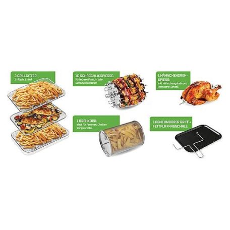 Gourmetmaxx 16409 AirFryer 1800W 12.5 literes XXL 9 az 1-ben Air Fryer, grillcsirke és kebab sütő, forrólevegős, légkeveréses digitális sütő, minisütő, forgó grillel, 3 grillráccsal, tepsivel