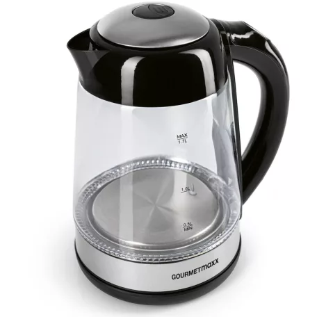 GourmetMaxx 16533 digitális, szabályozható hőfokú 2200W 1.7L inox - fekete üveg vízforraló, hőre színváltó LED világítással, melegentartás funkcióval
