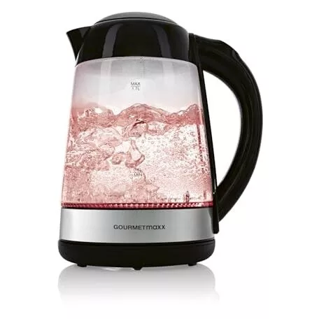 GourmetMaxx 16533 digitális, szabályozható hőfokú 2200W 1.7L inox - fekete üveg vízforraló, hőre színváltó LED világítással, melegentartás funkcióval
