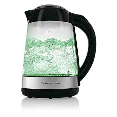 GourmetMaxx 16533 digitális, szabályozható hőfokú 2200W 1.7L inox - fekete üveg vízforraló, hőre színváltó LED világítással, melegentartás funkcióval