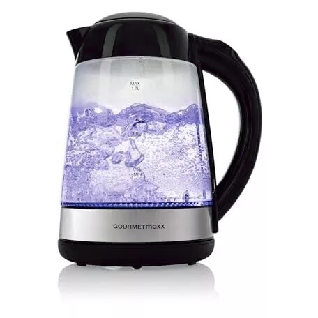 GourmetMaxx 16533 digitális, szabályozható hőfokú 2200W 1.7L inox - fekete üveg vízforraló, hőre színváltó LED világítással, melegentartás funkcióval