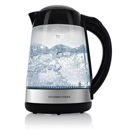 GourmetMaxx 16533 digitális, szabályozható hőfokú 2200W 1.7L inox - fekete üveg vízforraló, hőre színváltó LED világítással, melegentartás funkcióval