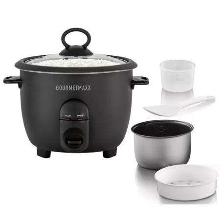 GOURMETmaxx DS-19178 fekete 400W 1L elektromos rizsfőző és pároló üvegfedővel, 1 liter / 800 gramm töltőkapacitással, melegentartás funkcióval