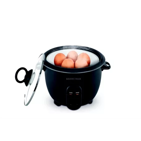 GOURMETmaxx DS-19178 fekete 400W 1L elektromos rizsfőző és pároló üvegfedővel, 1 liter / 800 gramm töltőkapacitással, melegentartás funkcióval