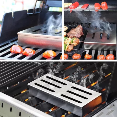 GrillMeister Smoker Box BBQ 21 x 13 x 3.5 cm nemesacél inox füstölődoboz, füstölő box intenzív grillaromához, faszén-, gáz- és pellet tüzelésű grillekhez
