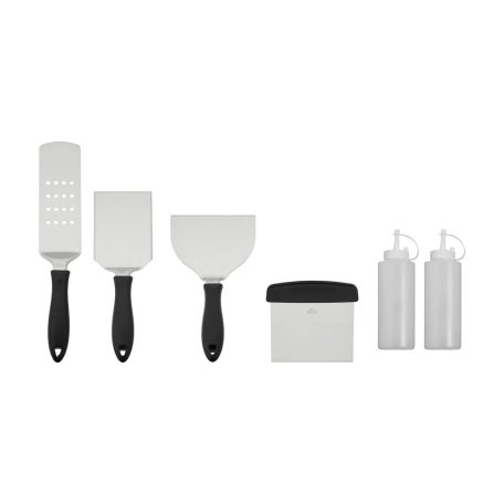 Grill Meister Stainless Steel 6 részes nemesacél grillező készlet, grillező eszközök, grillfordító lapátkészlet 2 palackkal olajokhoz, mártásokhoz